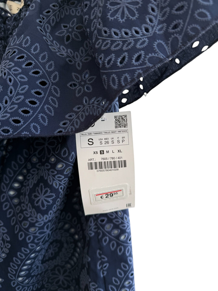 ReTrend navy blue cotton broderie anglaise dress, size S. Features a fluid fit, off-the-shoulder design, front buttons, and eyelet embroidery.