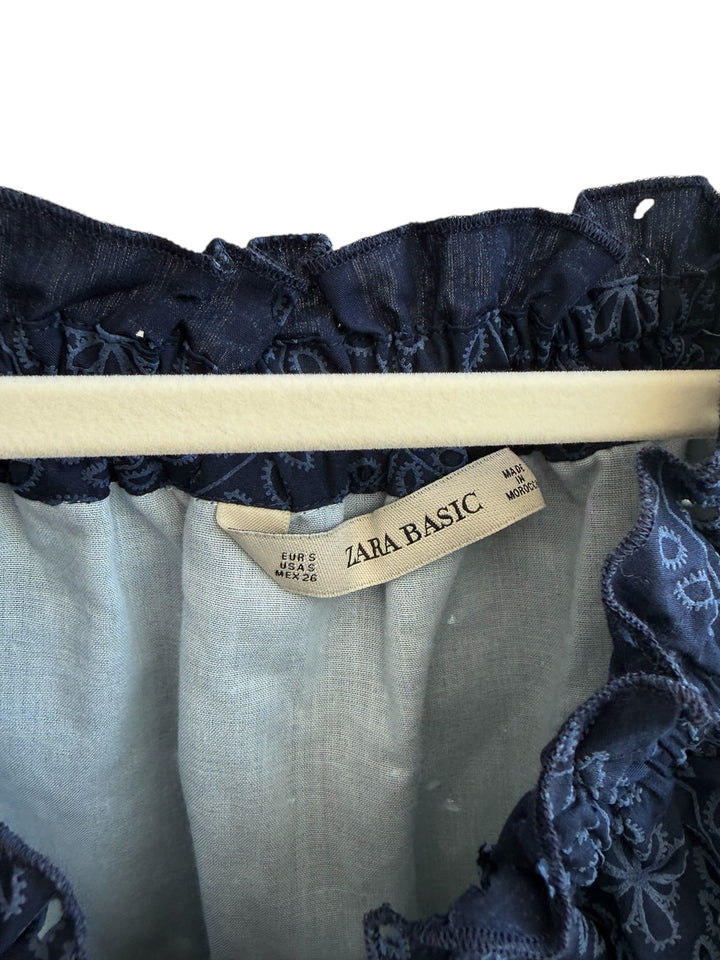 Retrend navy blue cotton broderie anglaise off-the-shoulder summer dress, size S. Features buttons and a flowy fit.