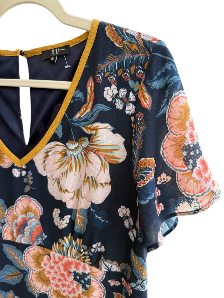ReTrend navy blue floral print V-neck midi dress, size 42. Fluid cut with warm-toned floral motifs.
