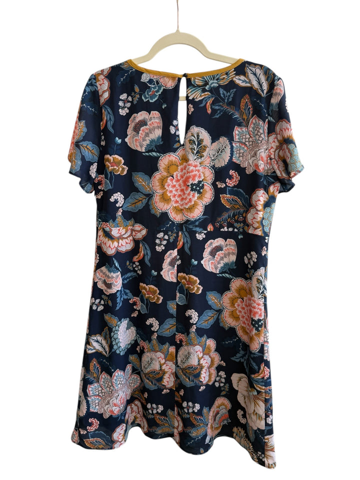 ReTrend navy blue floral print midi dress with v-neck and short sleeves, size 42.