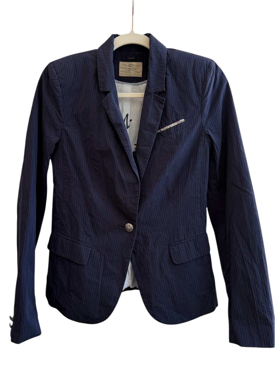 ReTrend navy blue pinstripe blazer with a single button closure, lapel collar, and sequined pocket detail. Size 36.