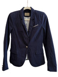 ReTrend navy blue pinstripe blazer with a single button closure, lapel collar, and sequined pocket detail. Size 36.