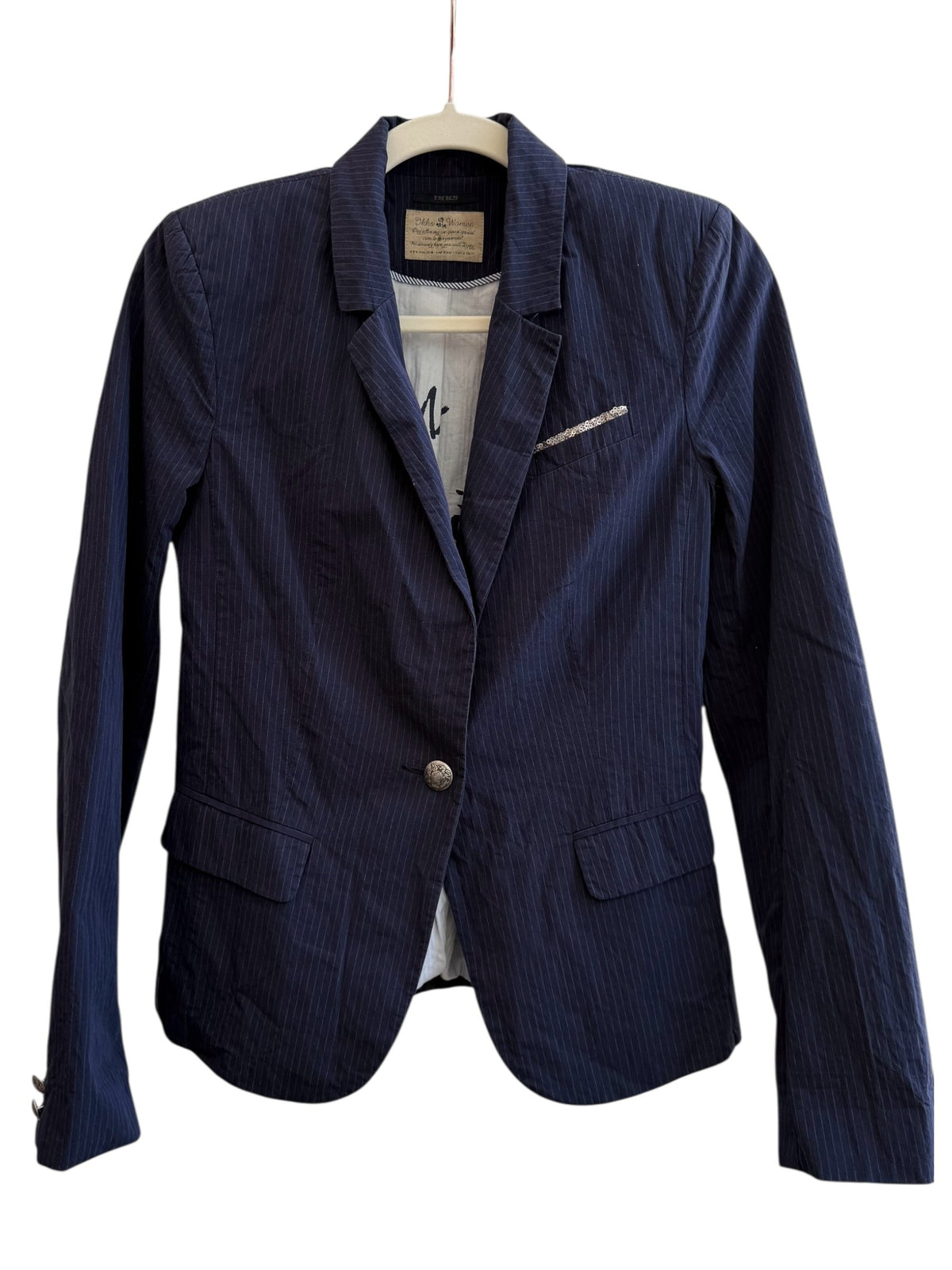 ReTrend navy blue pinstripe blazer with a single button closure, lapel collar, and sequined pocket detail. Size 36.