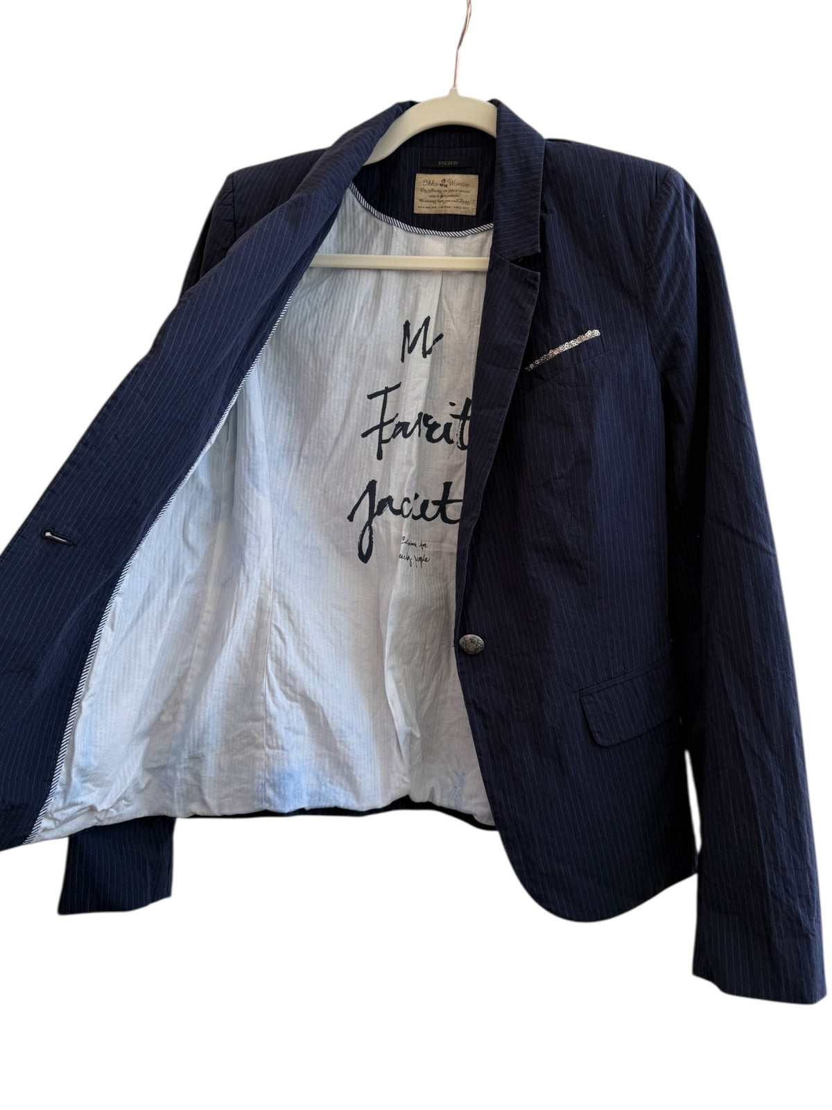 ReTrend navy pinstripe blazer with a cinched fit, single button closure, and sequined pocket detail. Size 36.