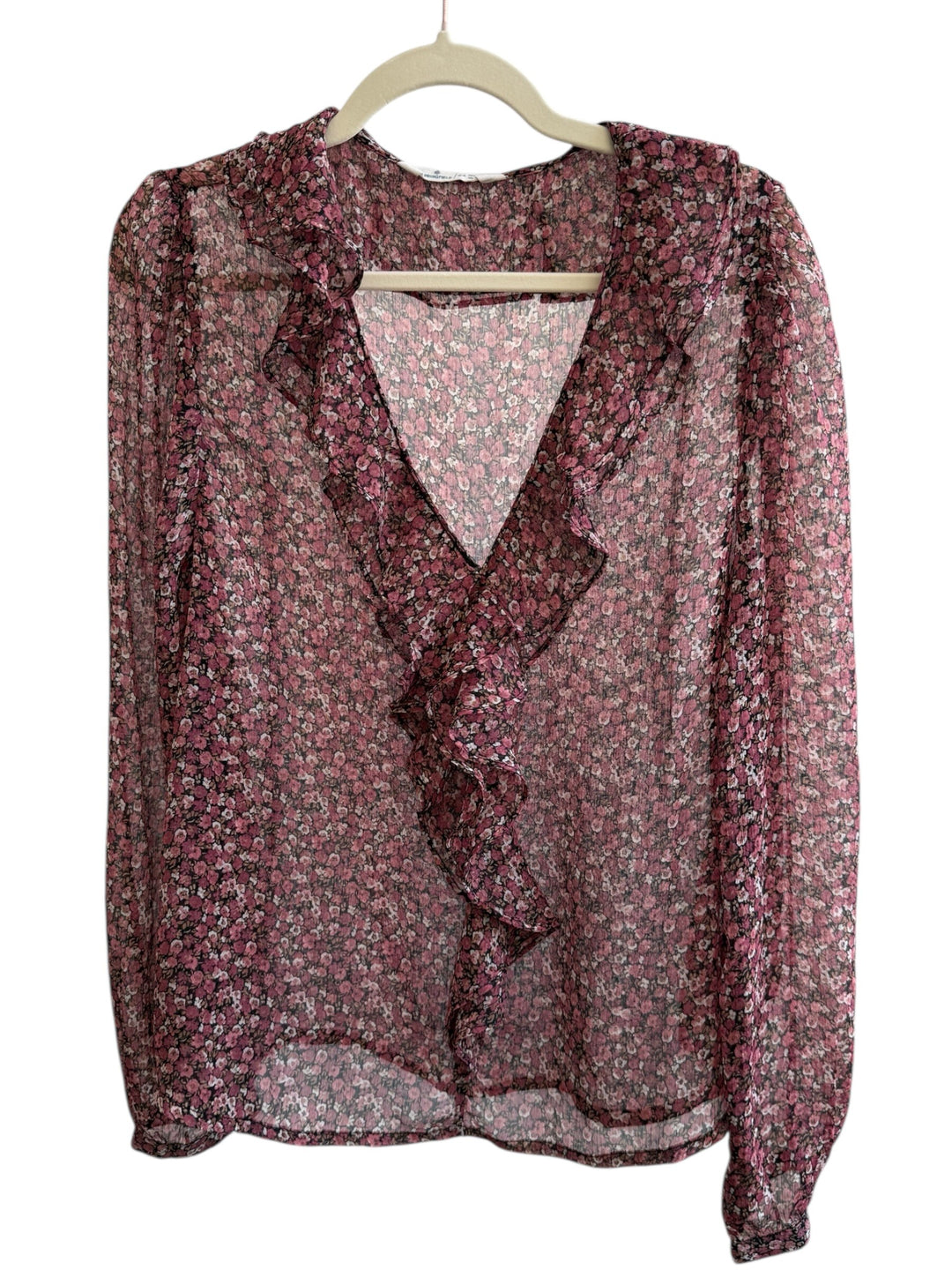 ReTrend pink floral print sheer blouse with ruffle detail and V-neck, size 44.