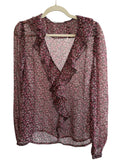 ReTrend pink floral print sheer blouse with ruffle detail and V-neck, size 44.