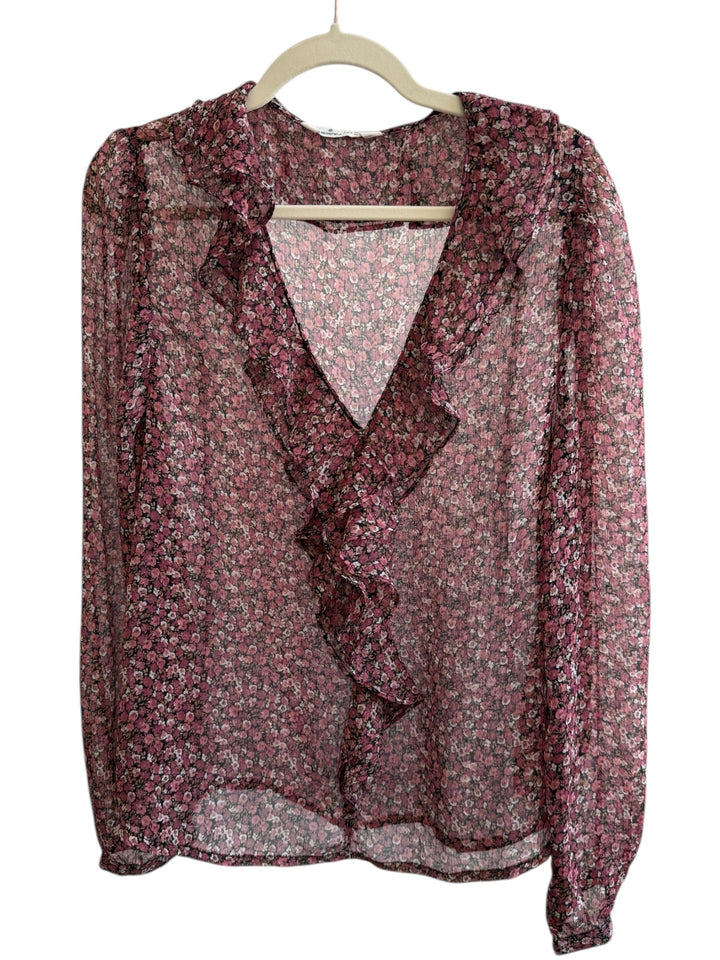 ReTrend pink floral print sheer blouse with ruffle detail and V-neck, size 44.