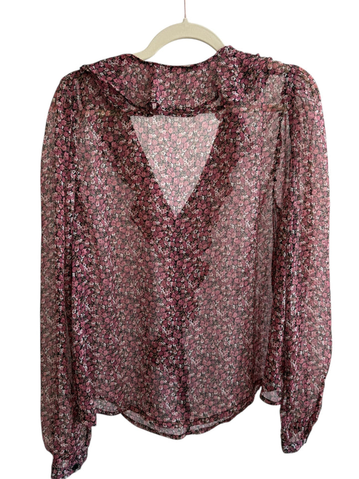 ReTrend pink floral print sheer blouse with ruffle detail and V-neck, size 44.