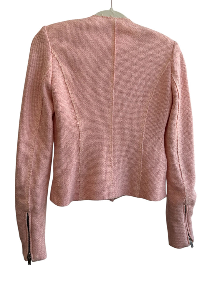 ReTrend pink textured short jacket with zip details and raw edges, size S.