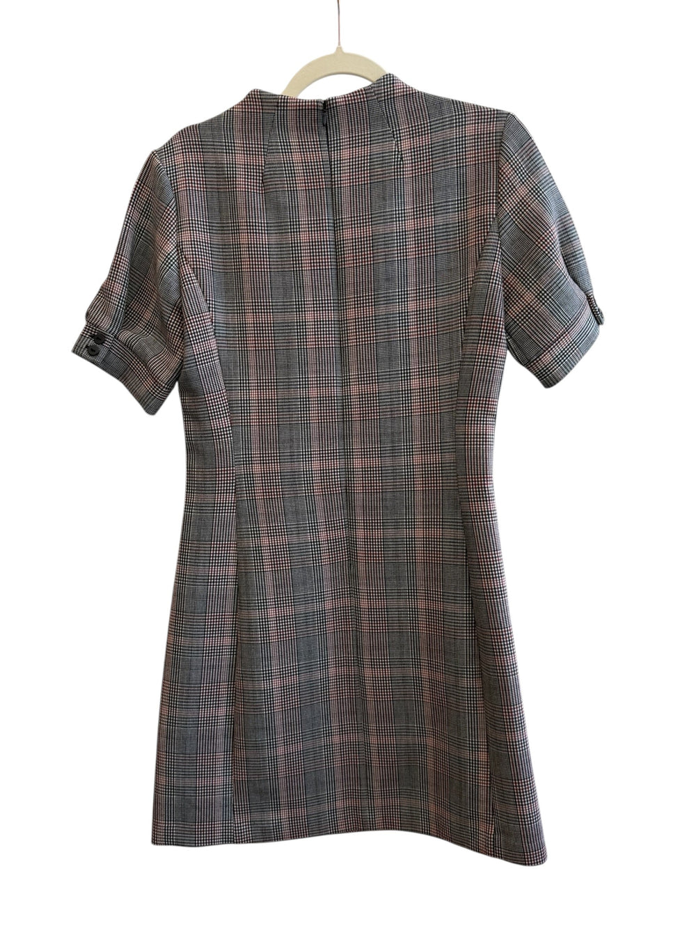 ReTrend grey, black, and red Prince of Wales check dress, size 38, with short sleeves and a high neckline.