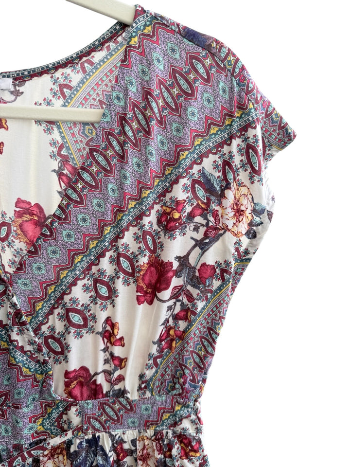 Promod multicolore bohème robe cache-cœur imprimée avec lien à nouer, taille M.