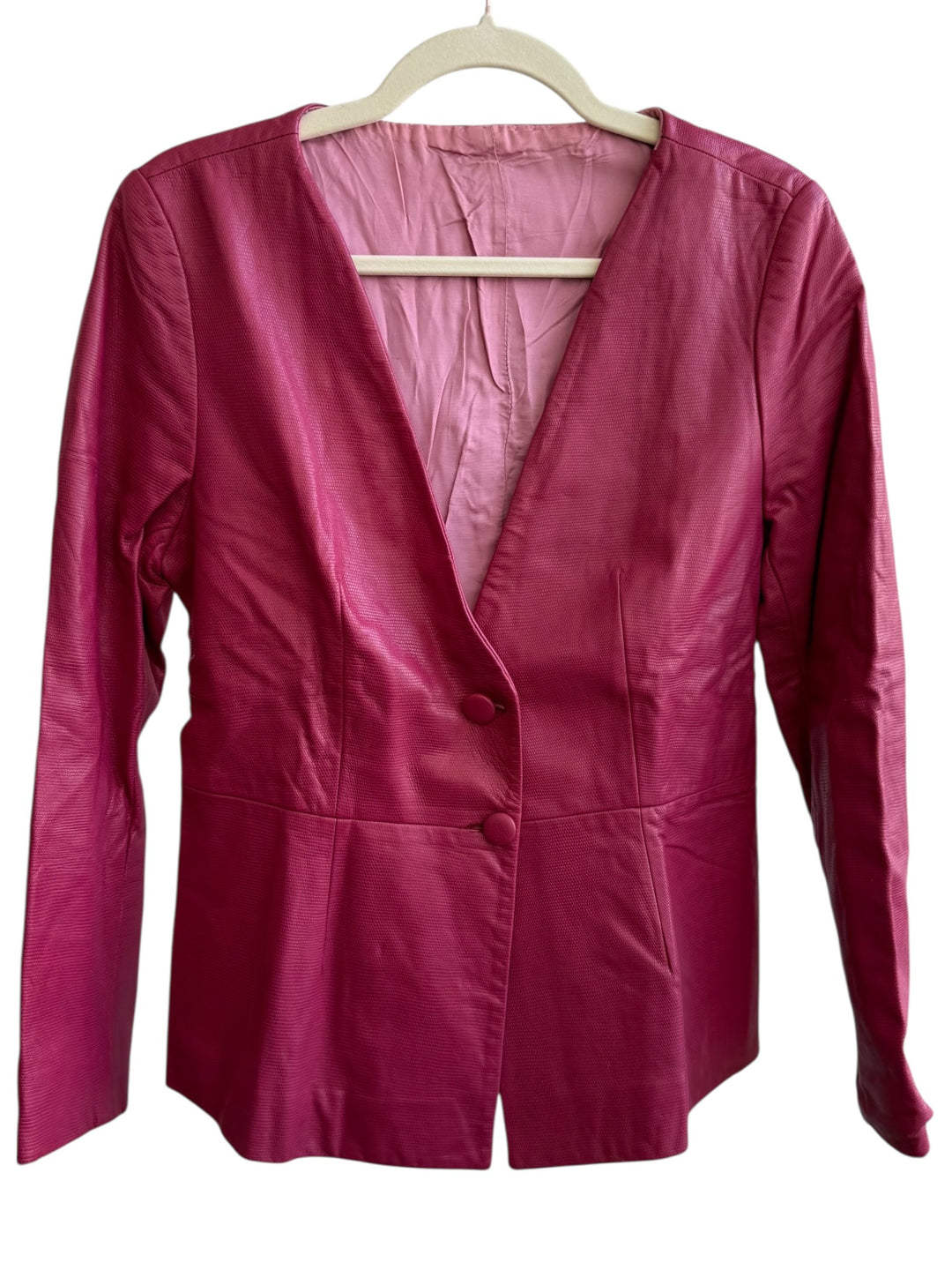 ReTrend raspberry pink textured leather blazer, size 38. Features a fitted cut, crossover neckline, and covered buttons.