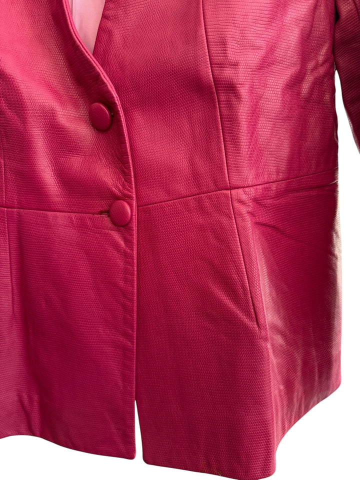 ReTrend raspberry pink textured leather blazer, size 38, with a fitted cut and covered button closure.