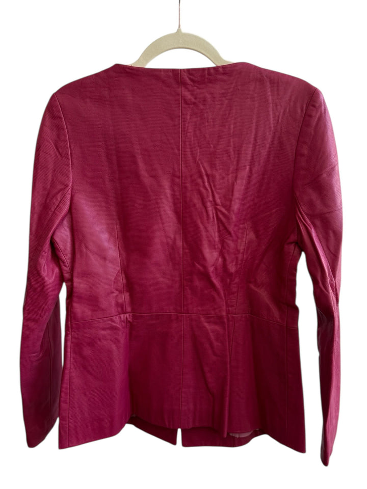 ReTrend raspberry pink 100% leather blazer, size 38. Features a textured finish, fitted cut, and covered button closure.