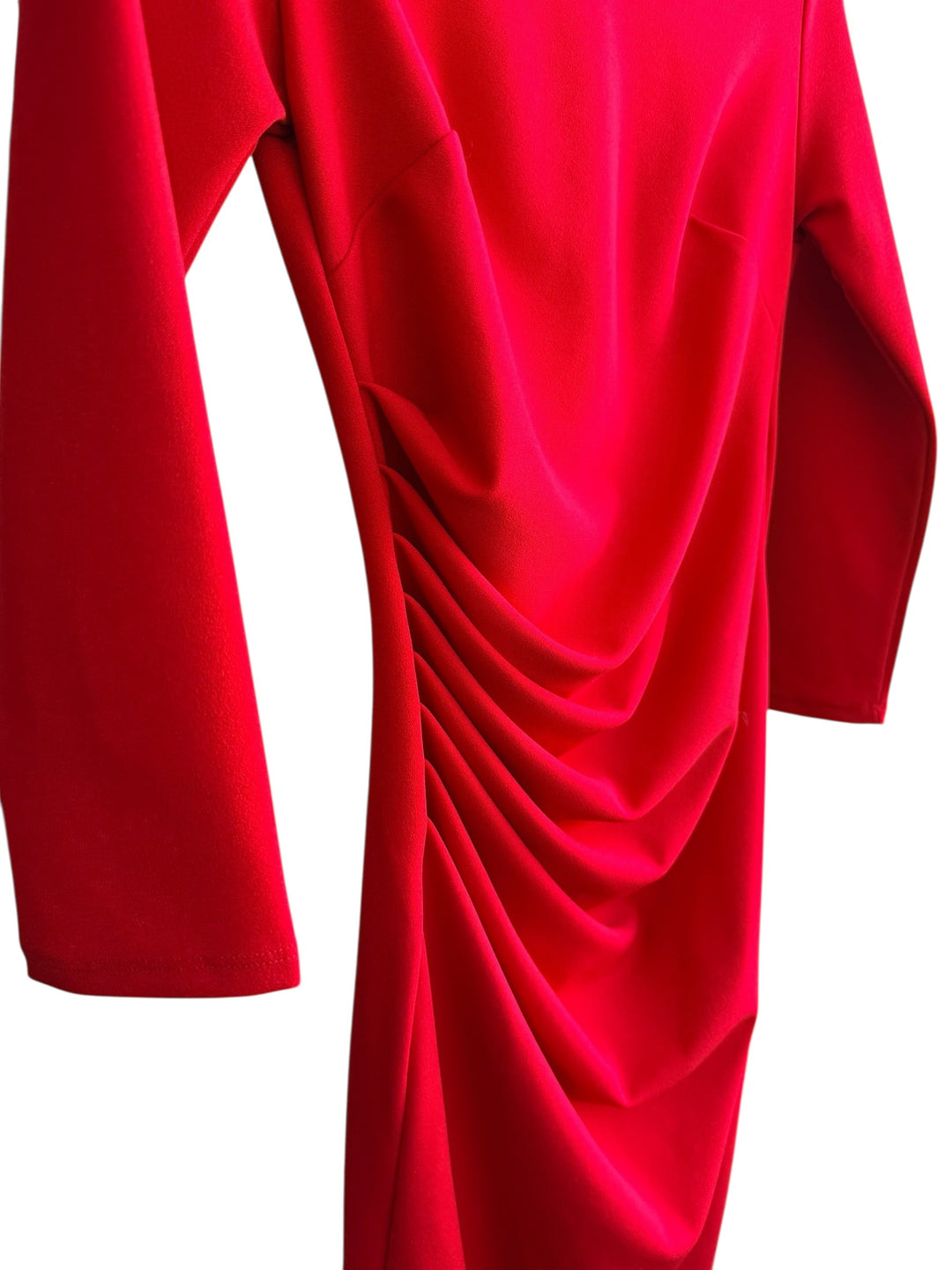 ReTrend red draped cocktail dress with long sleeves and a flattering asymmetrical side detail, size S.