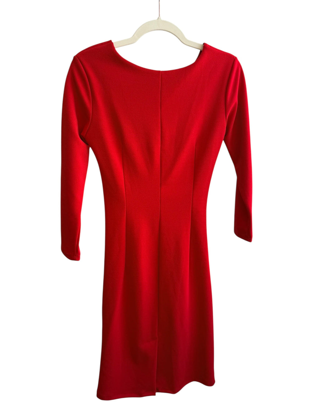 ReTrend red elegant fitted dress with draped side detail, long sleeves, size S.