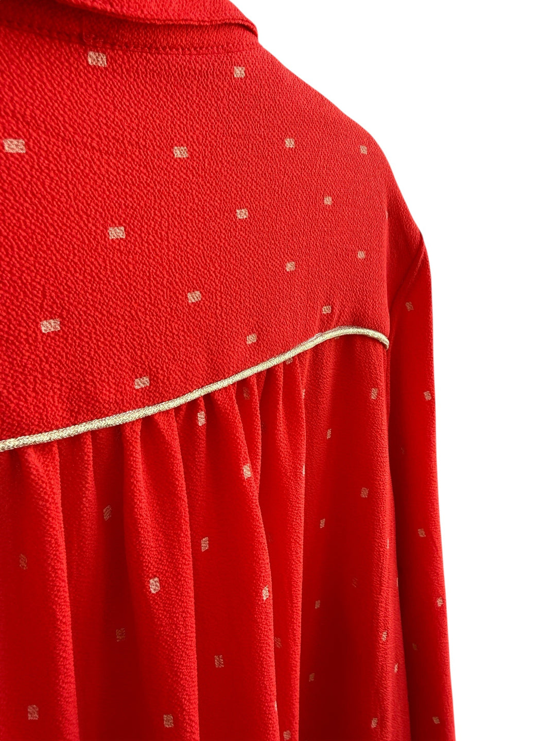 Retrend red flowing midi dress with gold polka dots and gold trim detail, size L.