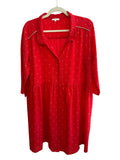 Red Lili & Lala midi dress with gold square pattern, button front, long sleeves, and gold trim detail.