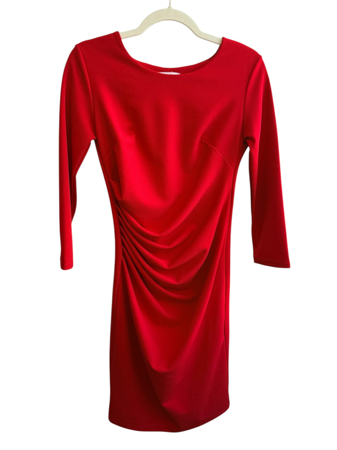 ReTrend red ruched midi dress with 3/4 sleeves, elegant and flattering for evening events.