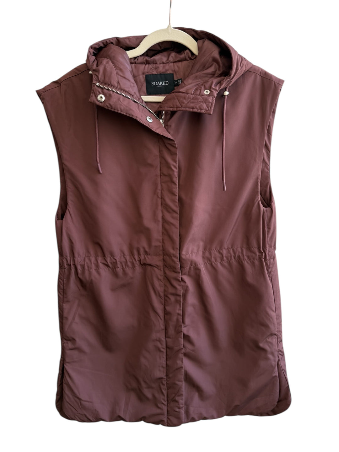 ReTrend Soaked brown sleeveless puffer vest with hood, zip and snap closure, drawstring waist, size XS.