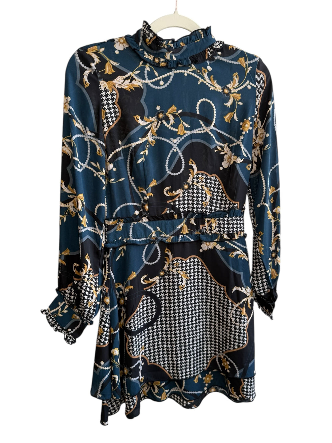 Retrend fluid dress size S, teal blue, black, gold scarf print with chains and houndstooth. Ruffled mock neck, long sleeves.