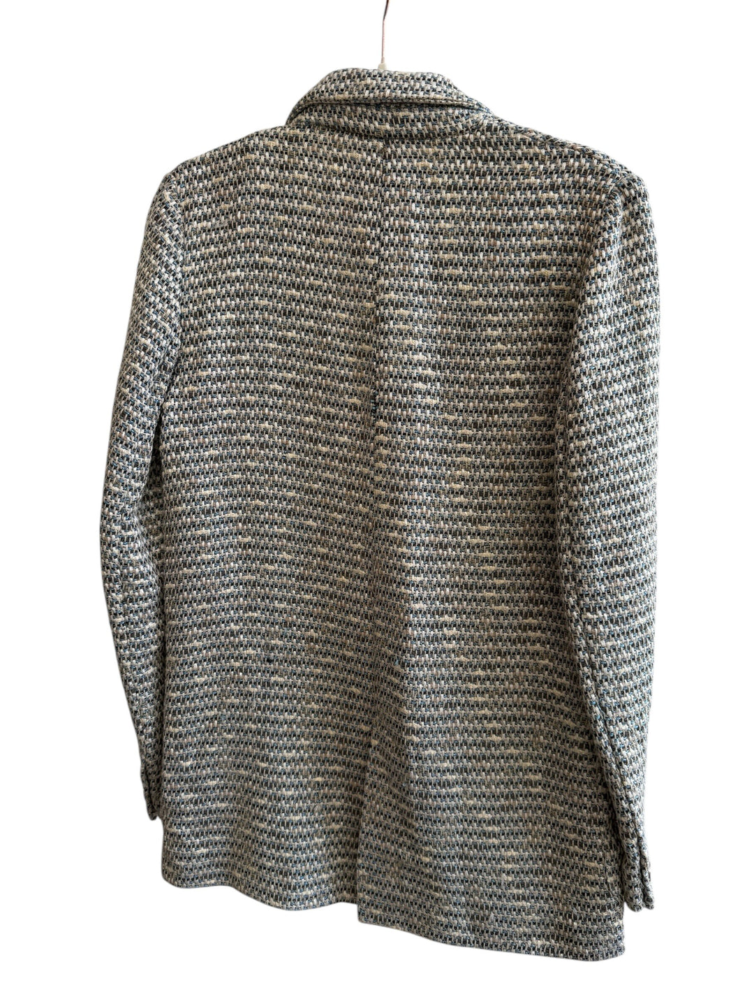 ReTrend blazer with textured weave in beige, ecru, and blue. Features a lapel collar and double-breasted button closure. Size S.