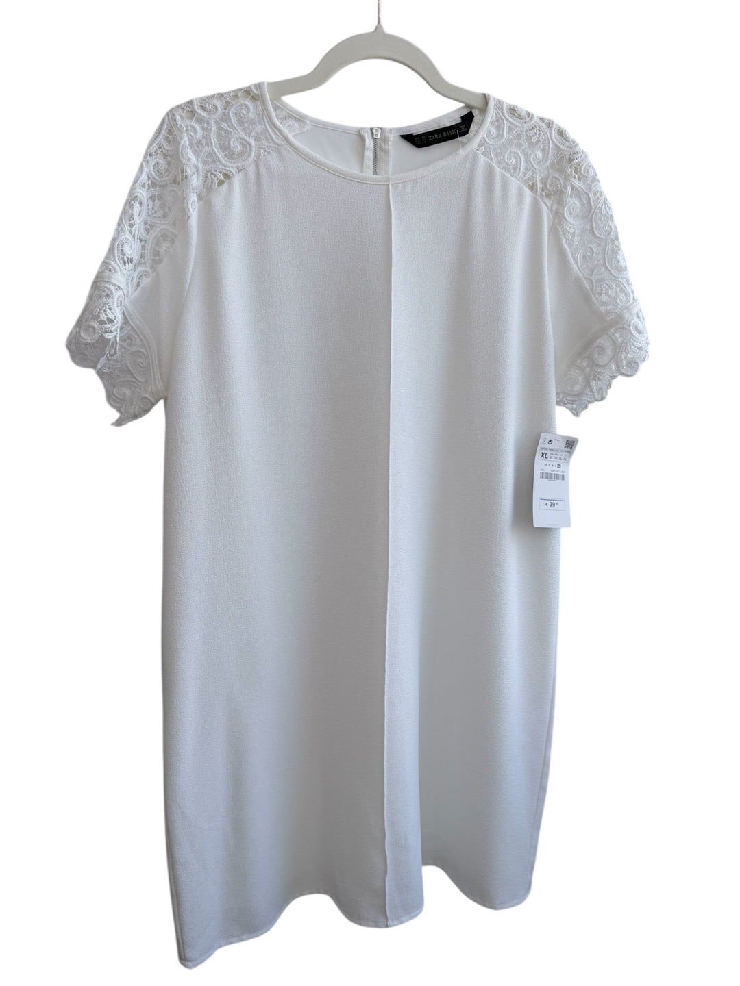 ReTrend white Zara dress size XL with lace sleeves, new with tags. Chic, minimalist style.
