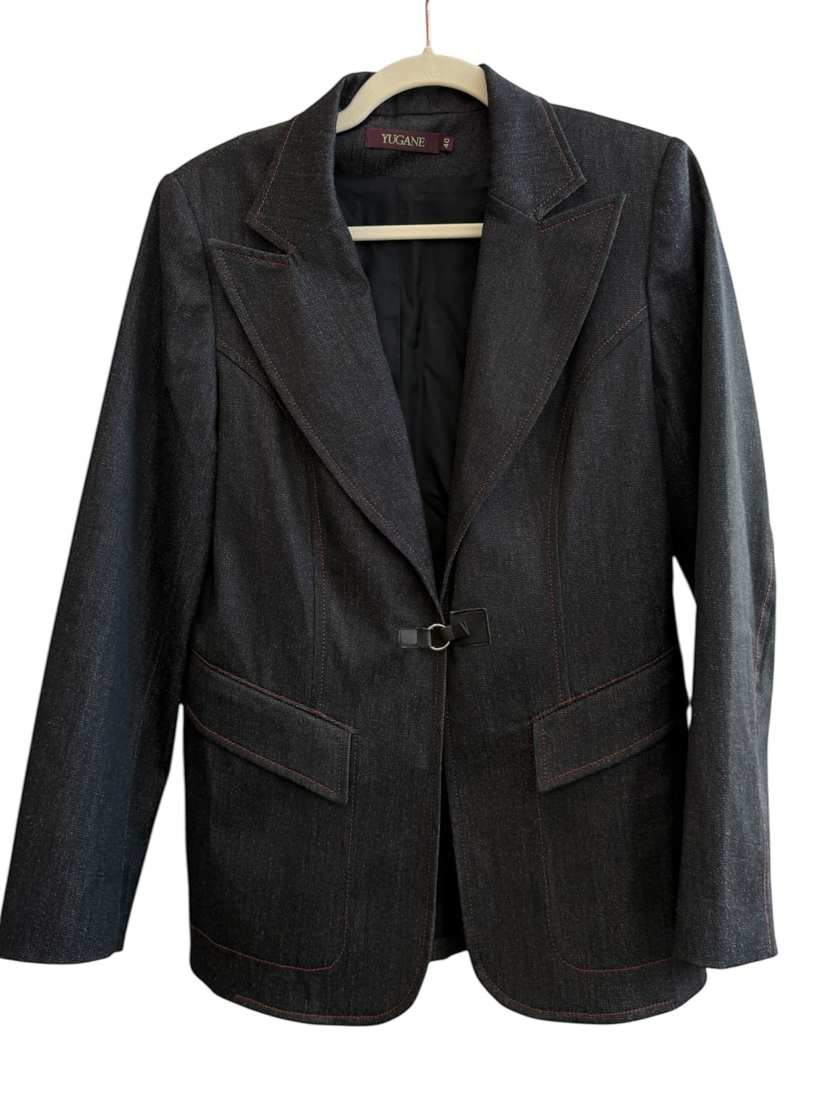 Retrend Yugane black blazer with red contrast stitching, tailored collar, and metal clasp closure. Size 40.