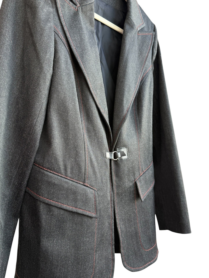 ReTrend Yugane black blazer with red contrast stitching, tailored collar, and metal clasp closure. Size 40.