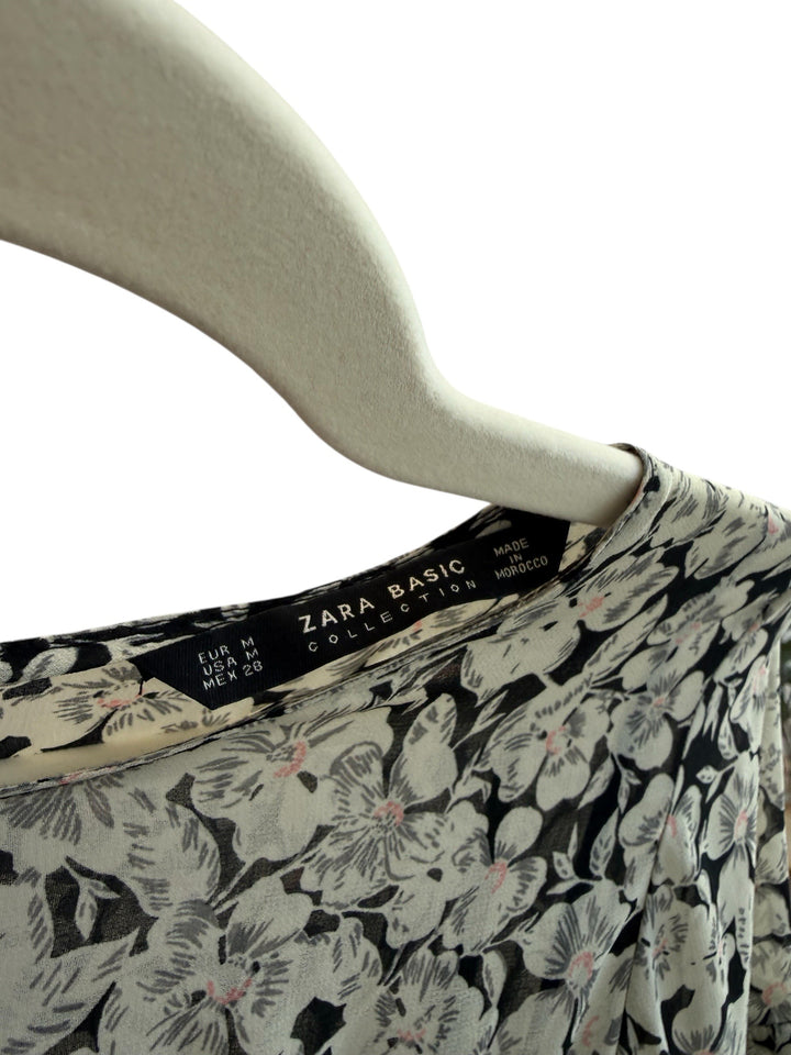 ReTrend Zara black floral print midi dress with smocked waist and long sheer sleeves, size M.