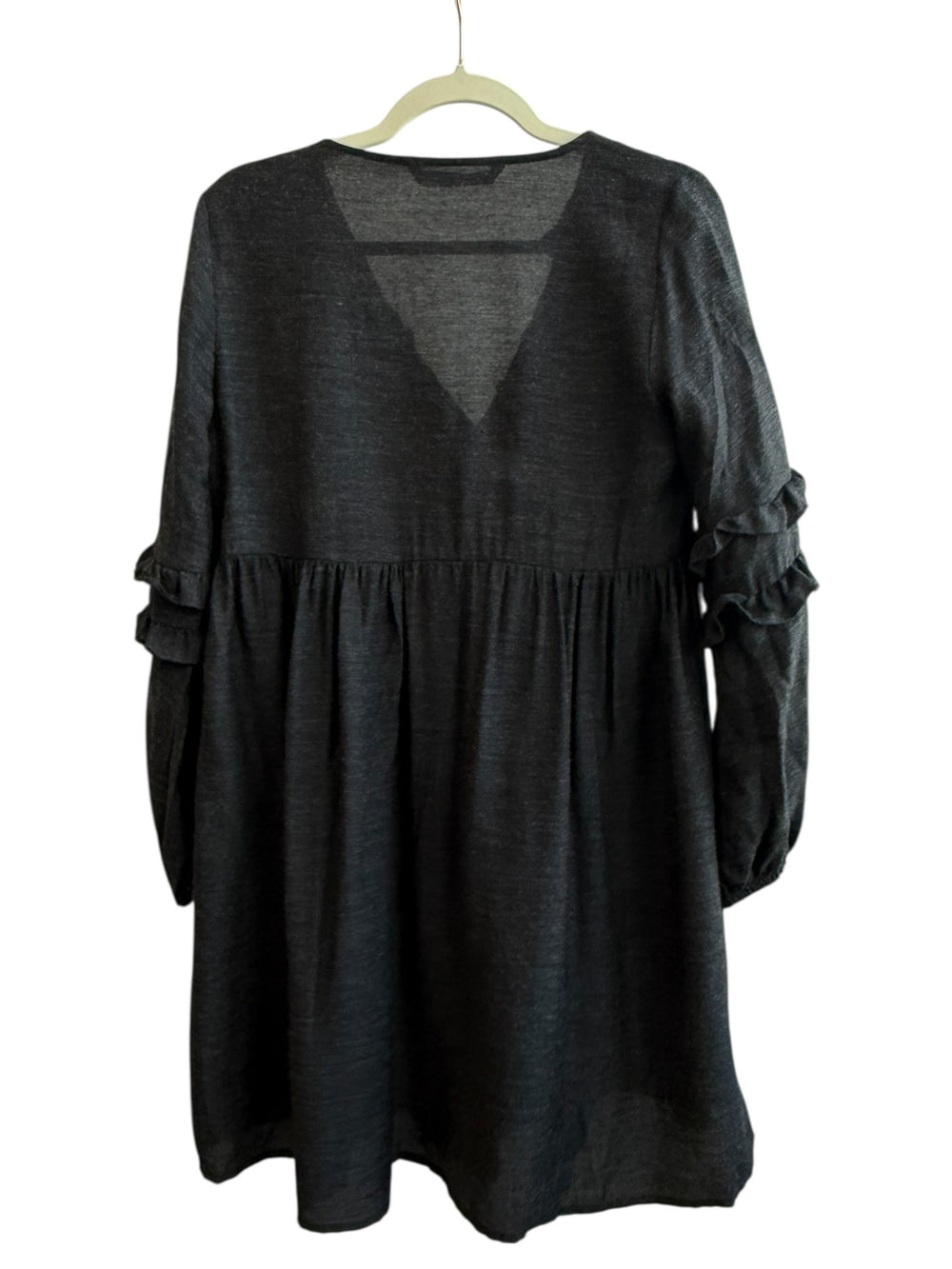 ReTrend Zara black flowing dress size S with V-neck, ruffled sleeves, and decorative beads on shoulders.