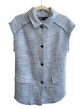 Retrend Zara light blue tweed sleeveless blazer with gold buttons and frayed hem, size M.