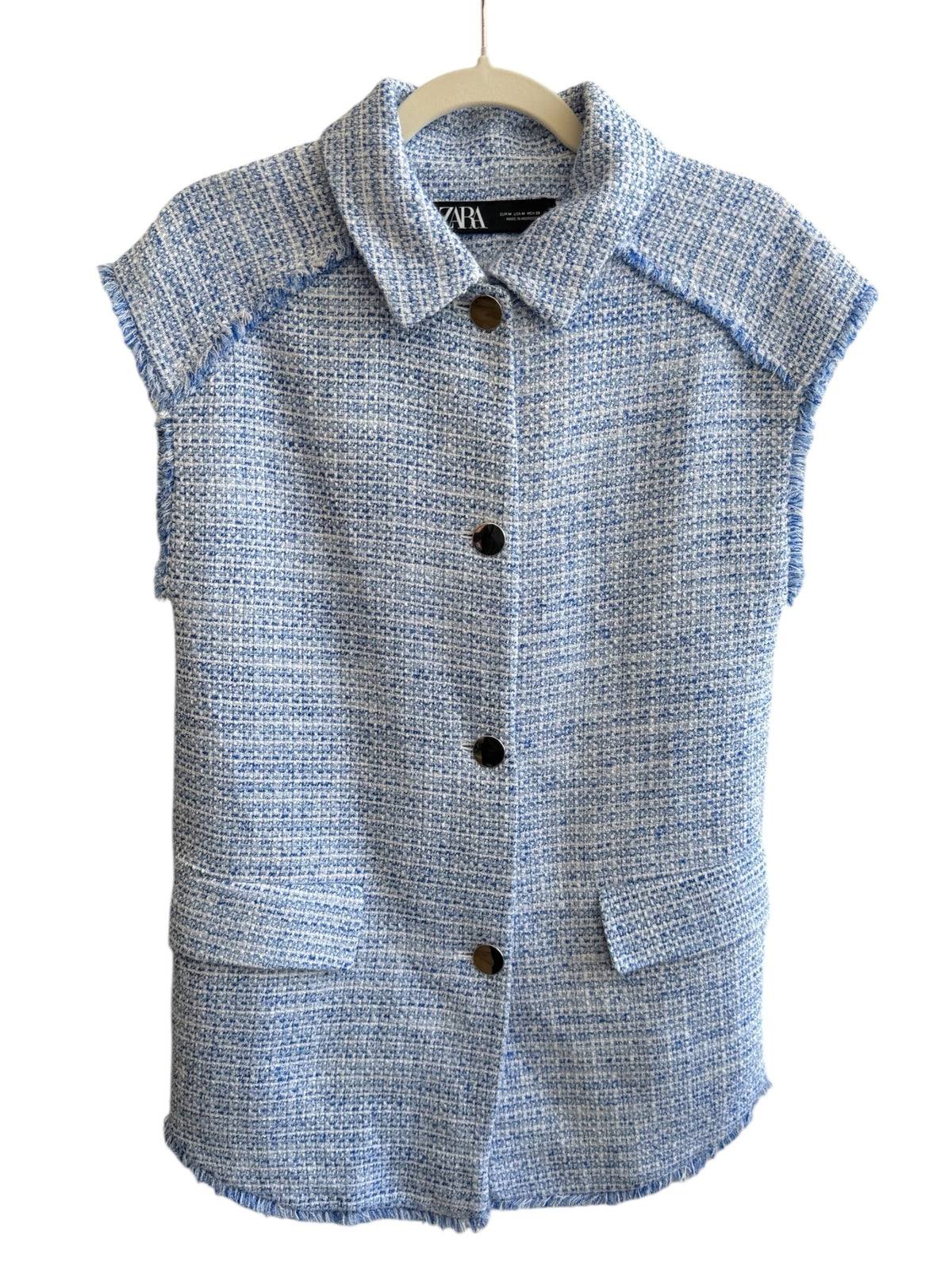 Retrend Zara light blue tweed sleeveless blazer with gold buttons and frayed hem, size M.