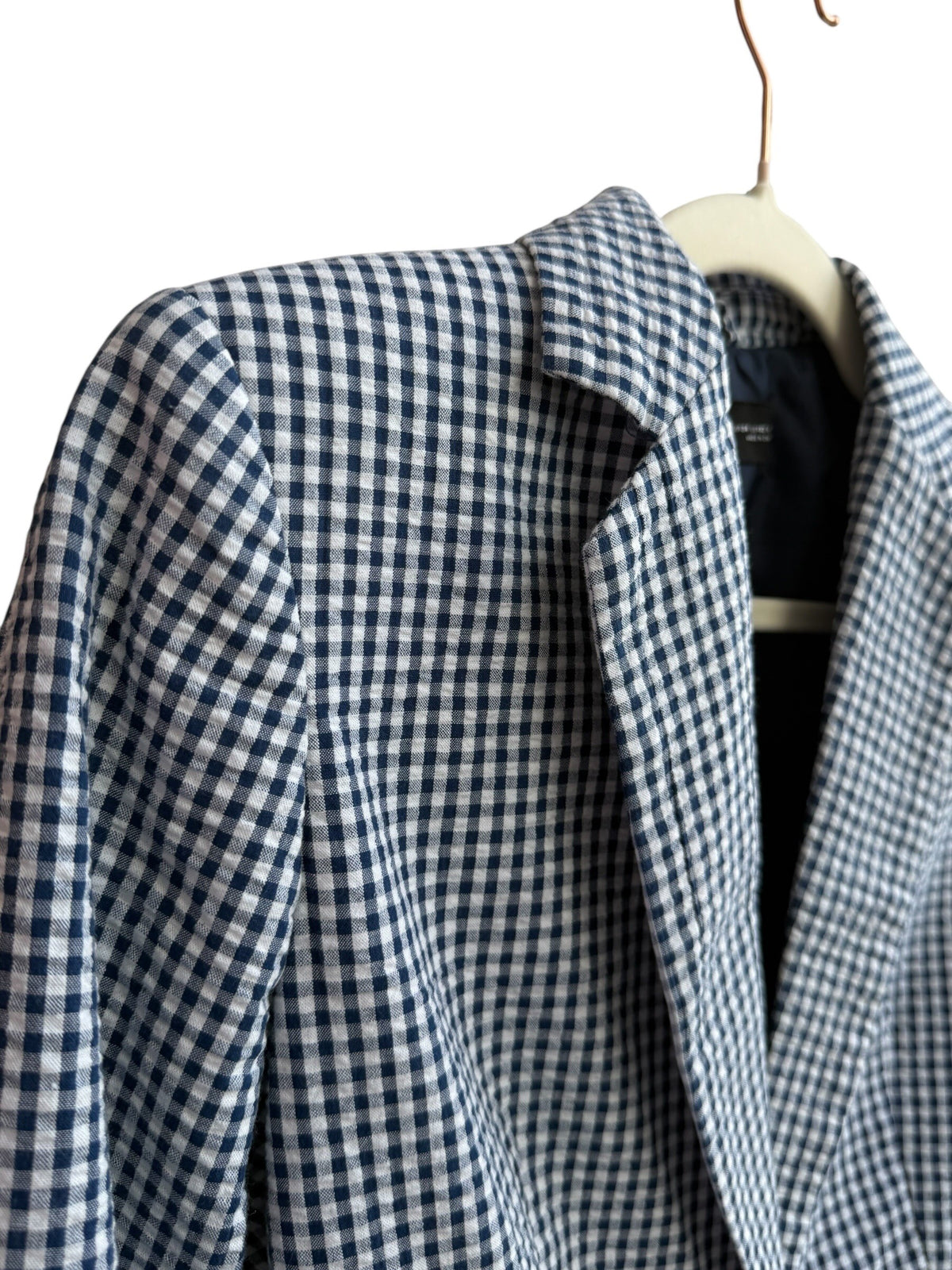 ReTrend Zara blue and white gingham fitted blazer with single button closure and tailored collar.