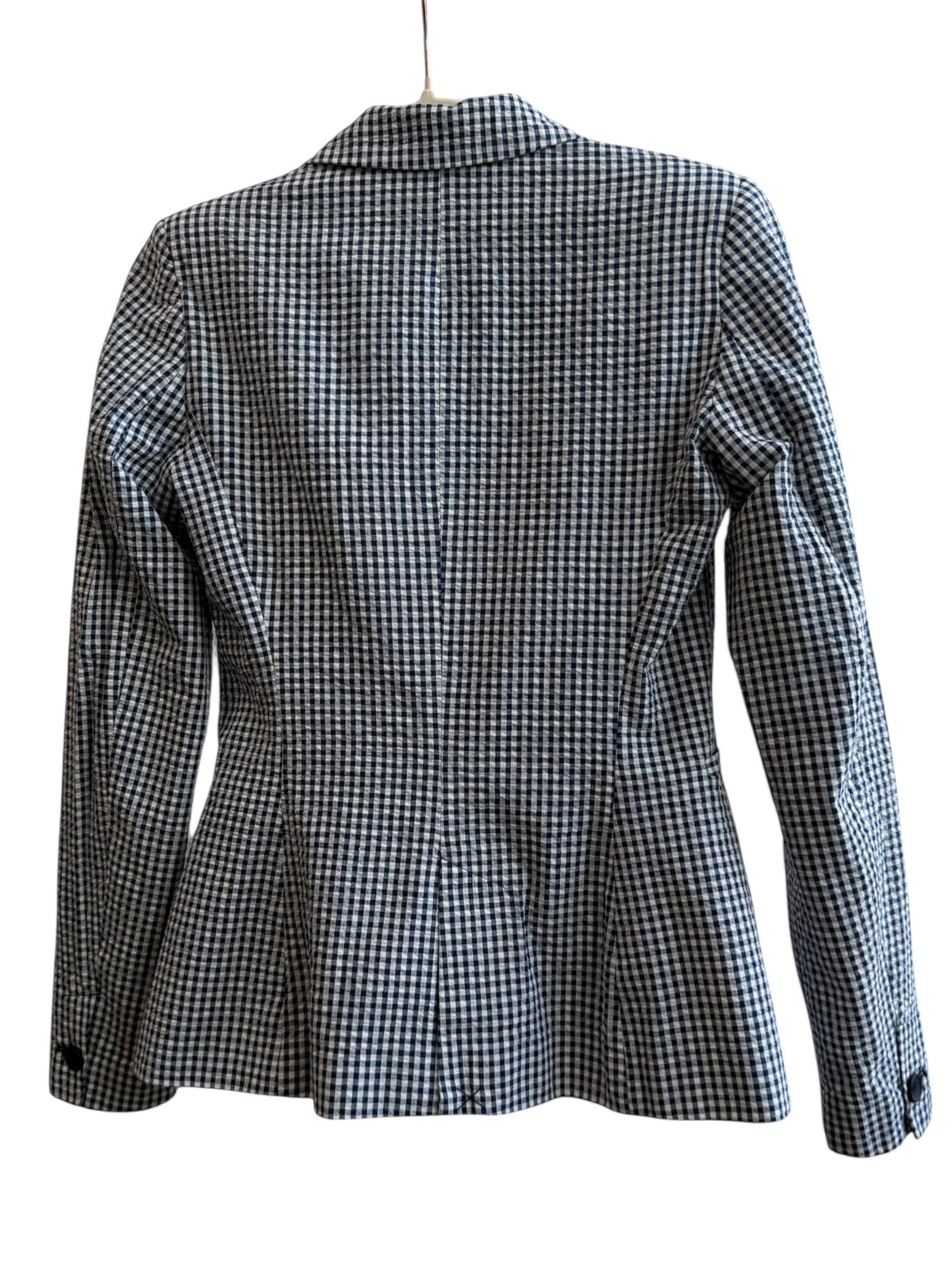 ReTrend Zara blue and white gingham fitted blazer with single button closure and tailored collar.