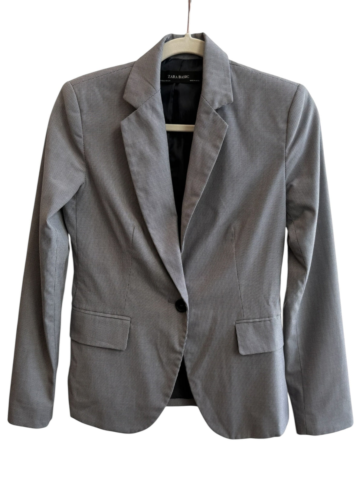 ReTrend Zara grey micro-patterned fitted blazer with a single button, tailored collar, and flap pockets. Size 34.
