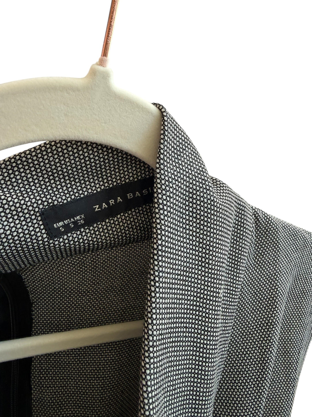 ReTrend Zara grey textured micro-patterned dress with draped neckline, size S.
