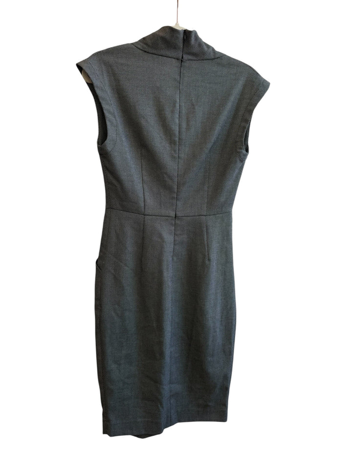 ReTrend Zara grey textured micro-patterned dress, size S. Draped neckline, sleeveless, fitted waist, side pockets, zip back.