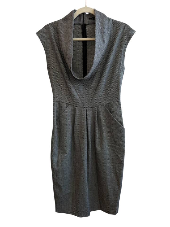 ReTrend Zara grey textured micro-patterned dress with draped cowl neck, cap sleeves, fitted waist, and pockets. Size S.
