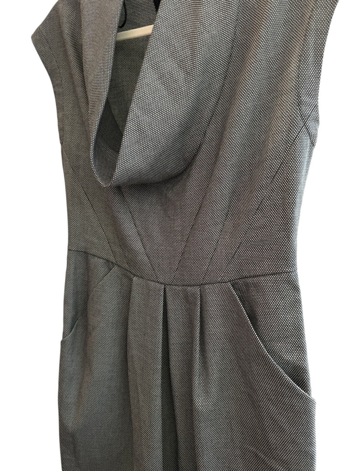 ReTrend Zara grey textured micro-patterned dress with draped neckline, sleeveless, fitted waist, and pockets. Size S.