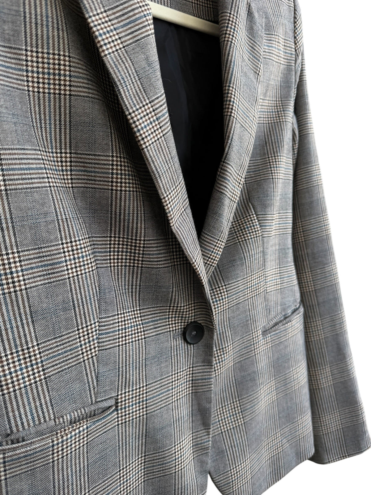 ReTrend Zara Prince of Wales check blazer in grey and beige, size M. Elegant, structured, and timeless.