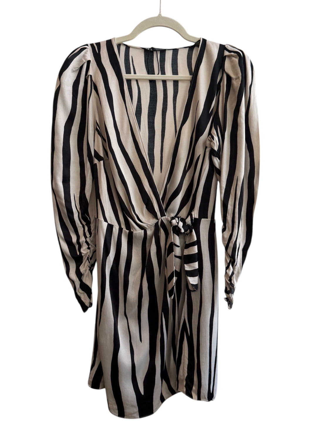 ReTrend Zara beige and black striped wrap dress, size M, with tie waist and long sleeves.