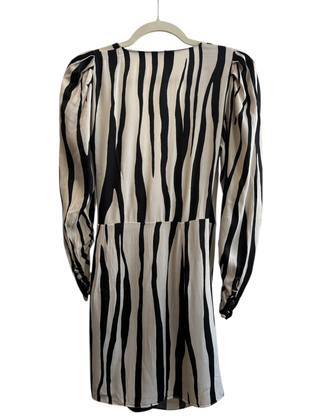 ReTrend Zara beige and black striped wrap dress, size M, with puff sleeves and tie waist.