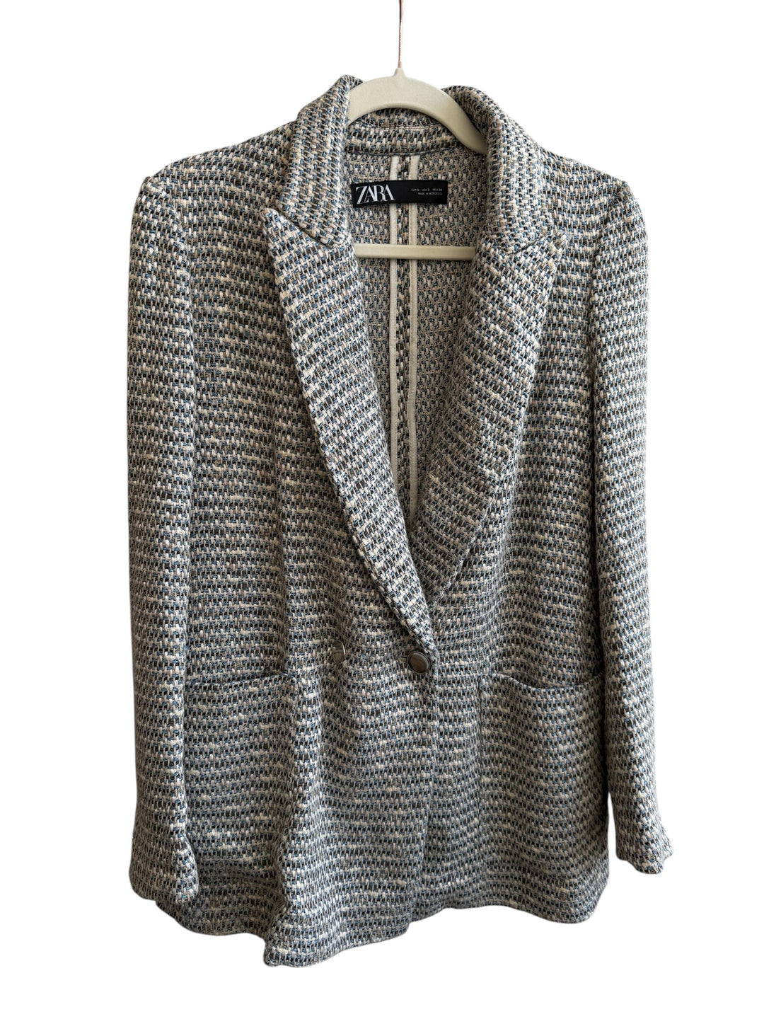 ReTrend Zara textured blazer in beige, ecru, and blue mix. Size S, features a notched lapel, cross-button closure, and pockets.