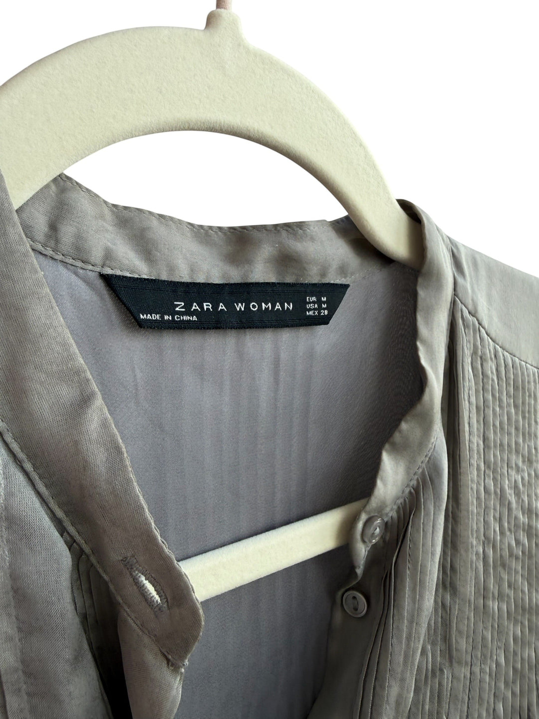 ReTrend Zara Woman grey silk blouse with pleats and tie-front detail, size M.